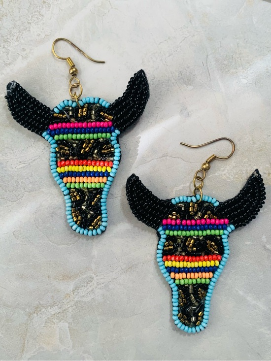 Hand Crafted Jewelry - Beaded Bull Skull Dangle Earrings - Black & Multicolor